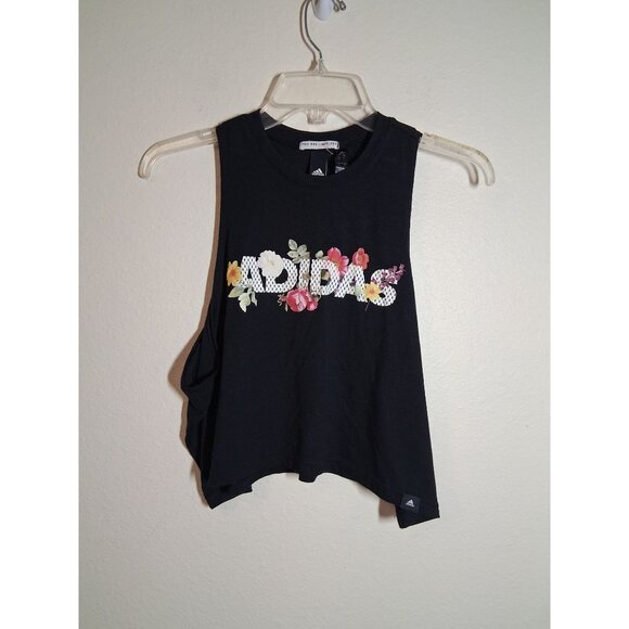 Adidas Athletic Graphic Tank Top Crop Floral Y2K Workout Shirt Black Size XL - Picture 1 of 6